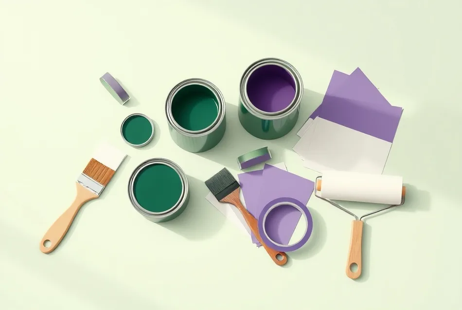 Pots de peinture, nuancier, brosses et rouleaux disposés à plat