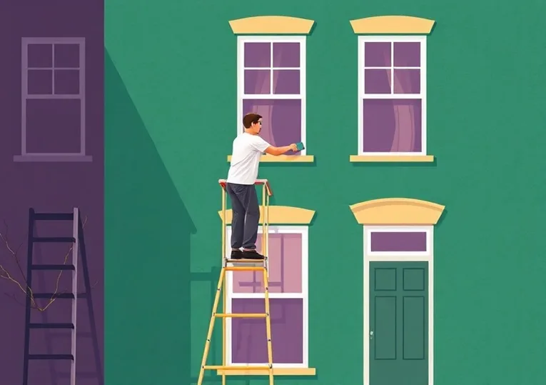 Peintre sur échafaudage traitant la façade d'une maison