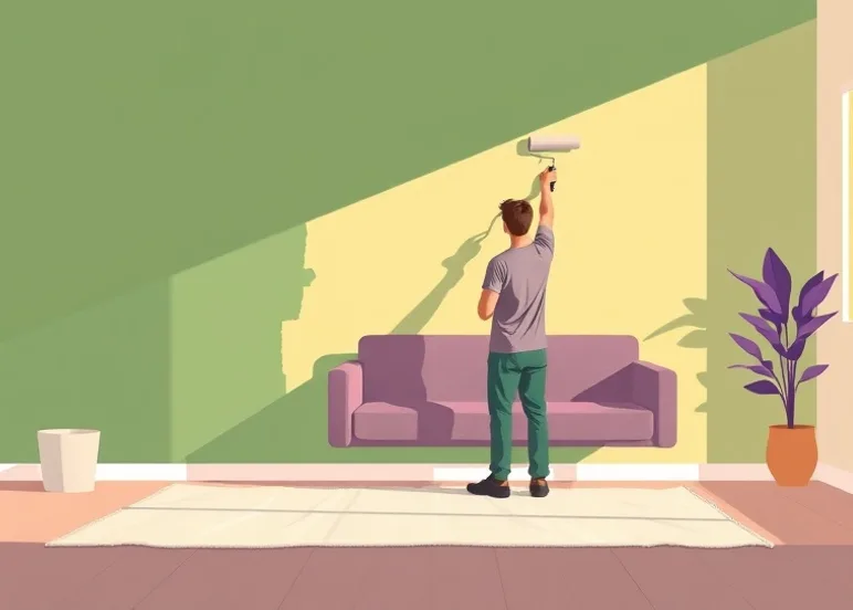 Peintre appliquant la peinture au rouleau sur un mur de salon